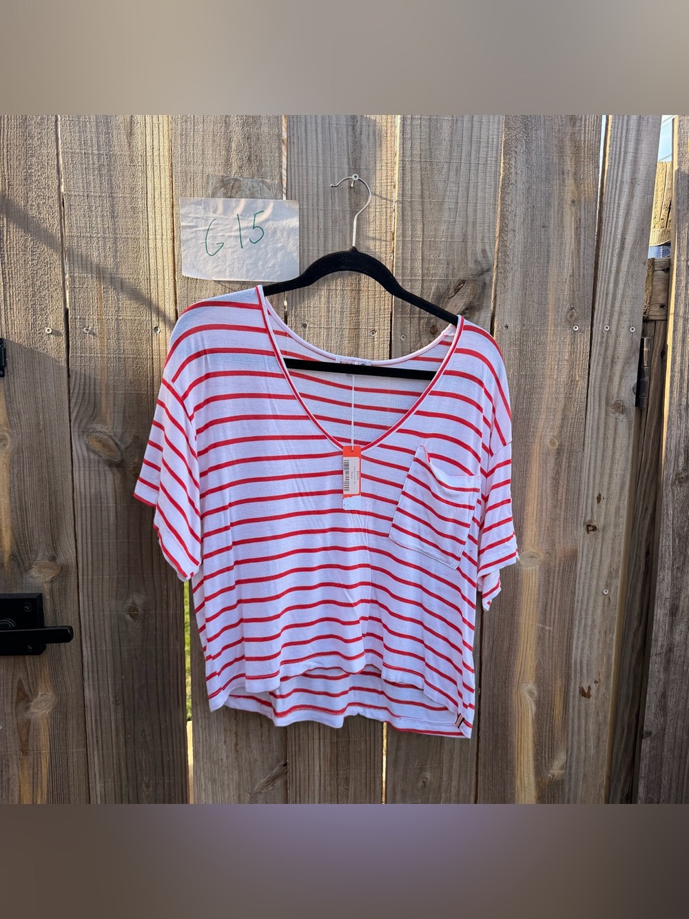 NWT Sundry White Tee with Red Stripes and Pocket Size small